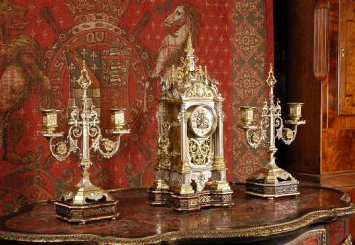 fig 1. ***** SOLD ***** Antique Silvered Brass Gothic Table Clock Set